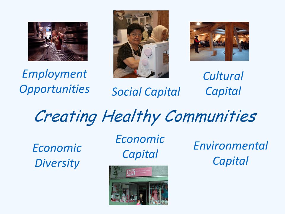 Creating Healthy Communities Economic Diversity Social Capital Employment Opportunities Environmental Capital Economic Capital Cultural Capital