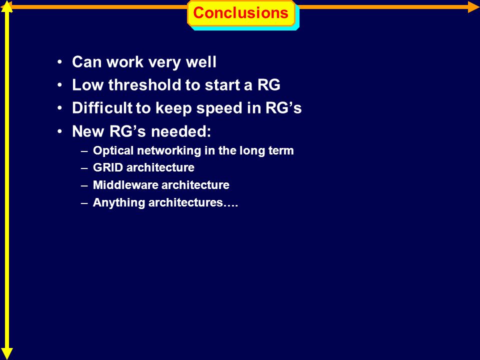 Conclusions Can work very well Low threshold to start a RG Difficult to keep speed in RG’s New RG’s needed: –Optical networking in the long term –GRID architecture –Middleware architecture –Anything architectures….