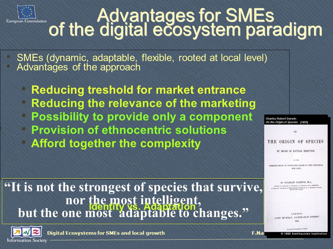 Digital Ecosystems for SMEs and local growth F.Nachira - June 2004 Advantages for SMEs of the digital ecosystem paradigm SMEs (dynamic, adaptable, flexible, rooted at local level) Advantages of the approach Reducing treshold for market entrance Reducing the relevance of the marketing Possibility to provide only a component Provision of ethnocentric solutions Afford together the complexity It is not the strongest of species that survive, nor the most intelligent, but the one most adaptable to changes. Identity vs.