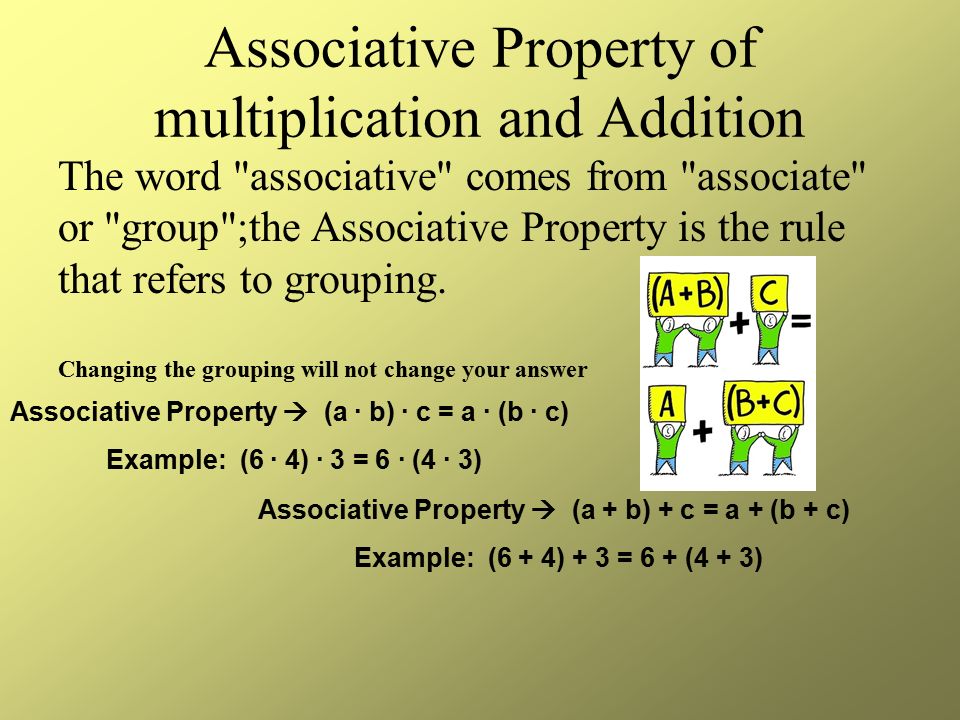 Associative Property of multiplication and Addition Associative Property  (a · b) · c = a · (b · c) Example: (6 · 4) · 3 = 6 · (4 · 3) Associative Property  (a + b) + c = a + (b + c) Example: (6 + 4) + 3 = 6 + (4 + 3) The word associative comes from associate or group ;the Associative Property is the rule that refers to grouping.