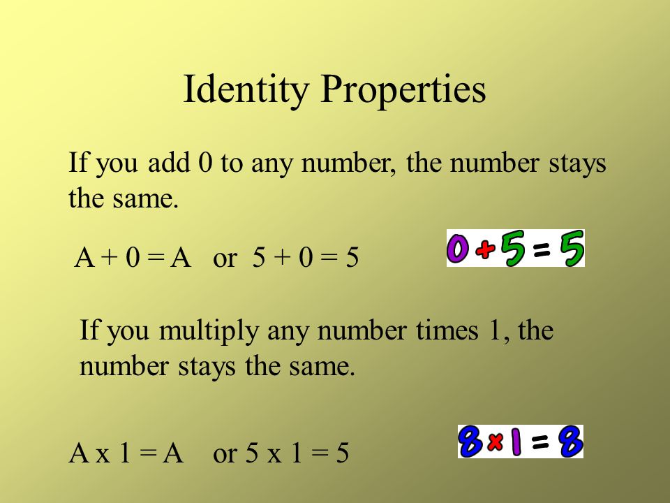 Identity Properties If you add 0 to any number, the number stays the same.