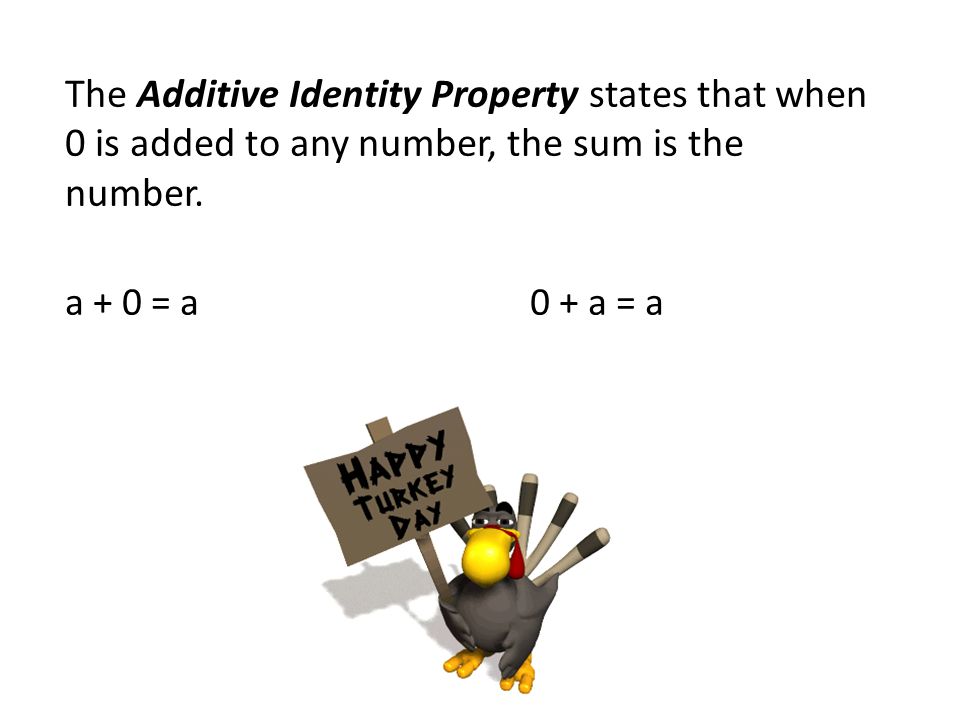 The Additive Identity Property states that when 0 is added to any number, the sum is the number.
