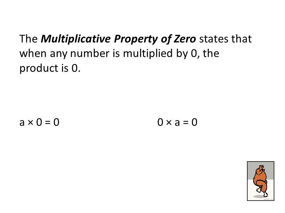 The Multiplicative Property of Zero states that when any number is multiplied by 0, the product is 0.