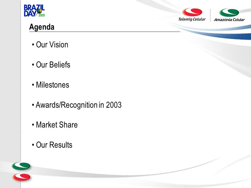 Agenda Our Vision Our Beliefs Milestones Awards/Recognition in 2003 Market Share Our Results