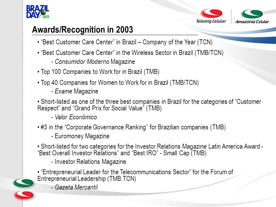 Awards/Recognition in 2003 Best Customer Care Center in Brazil – Company of the Year (TCN) Best Customer Care Center in the Wireless Sector in Brazil (TMB/TCN) - Consumidor Moderno Magazine Top 100 Companies to Work for in Brazil (TMB) Top 40 Companies for Women to Work for in Brazil (TMB/TCN) - Exame Magazine Short-listed as one of the three best companies in Brazil for the categories of Customer Respect and Grand Prix for Social Value (TMB) - Valor Econômico #3 in the Corporate Governance Ranking for Brazilian companies (TMB) - Euromoney Magazine Short-listed for two categories for the Investor Relations Magazine Latin America Award - Best Overall Investor Relations and Best IRO - Small Cap (TMB) - Investor Relations Magazine Entrepreneurial Leader for the Telecommunications Sector for the Forum of Entrepreneurial Leadership (TMB,TCN) - Gazeta Mercantil