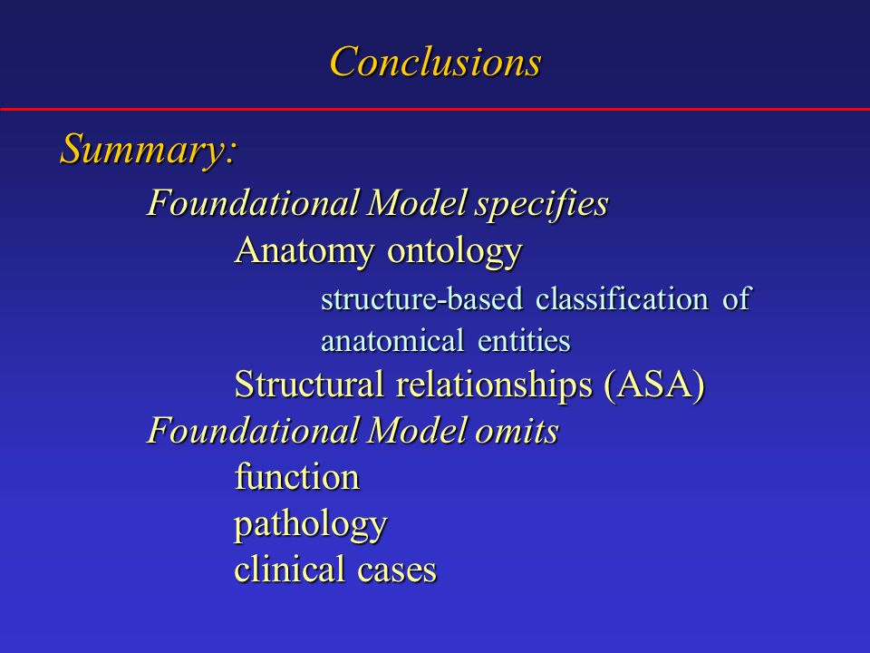 Summary: Foundational Model specifies Anatomy ontology structure-based classification of anatomical entities Structural relationships (ASA) Foundational Model omits functionpathology clinical cases Conclusions