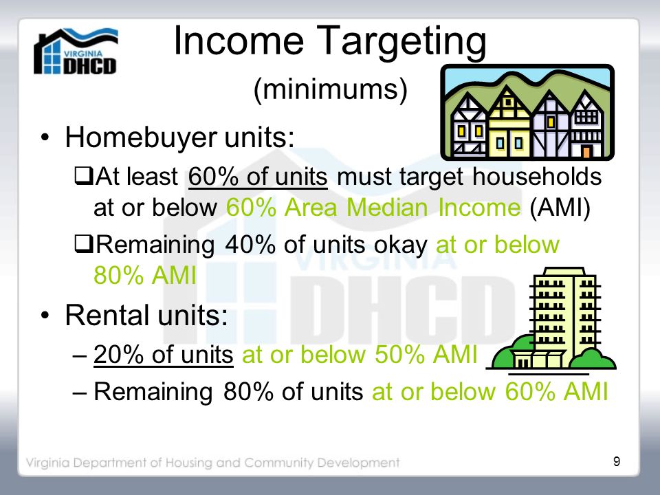 9 Income Targeting (minimums) Homebuyer units:  At least 60% of units must target households at or below 60% Area Median Income (AMI)  Remaining 40% of units okay at or below 80% AMI Rental units: –20% of units at or below 50% AMI –Remaining 80% of units at or below 60% AMI