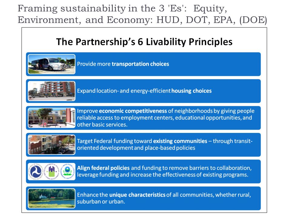 Framing sustainability in the 3 Es : Equity, Environment, and Economy: HUD, DOT, EPA, (DOE)