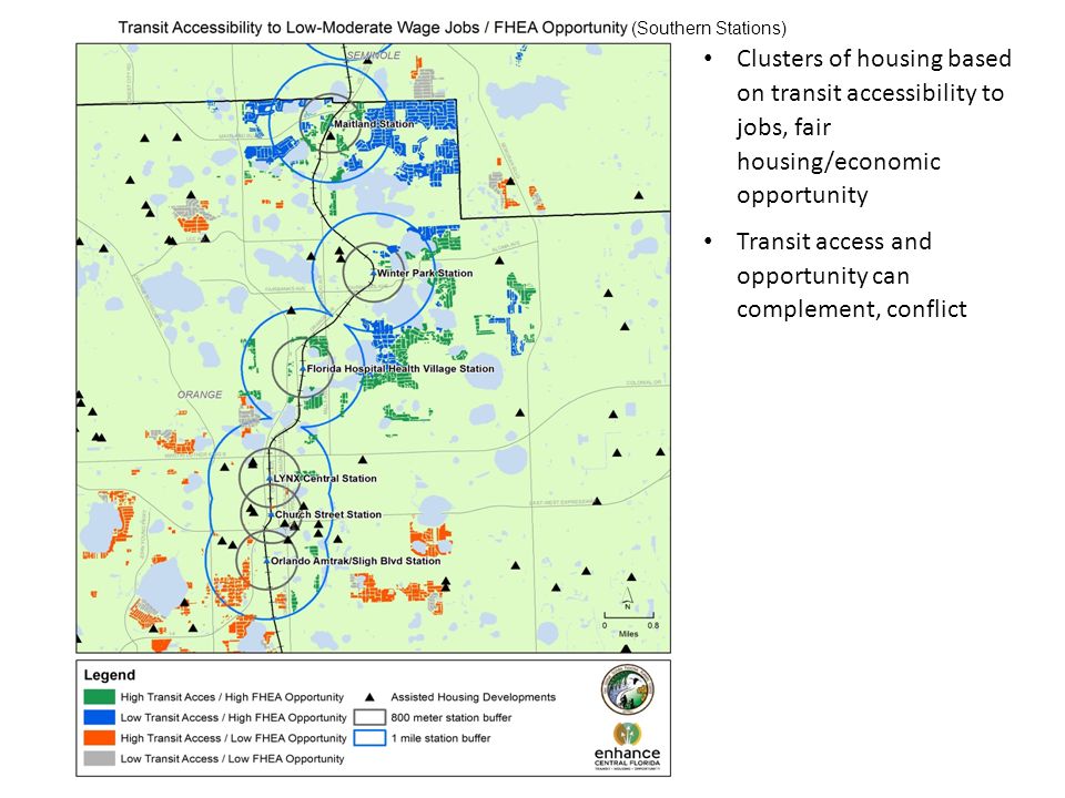 Clusters of housing based on transit accessibility to jobs, fair housing/economic opportunity Transit access and opportunity can complement, conflict (Southern Stations)
