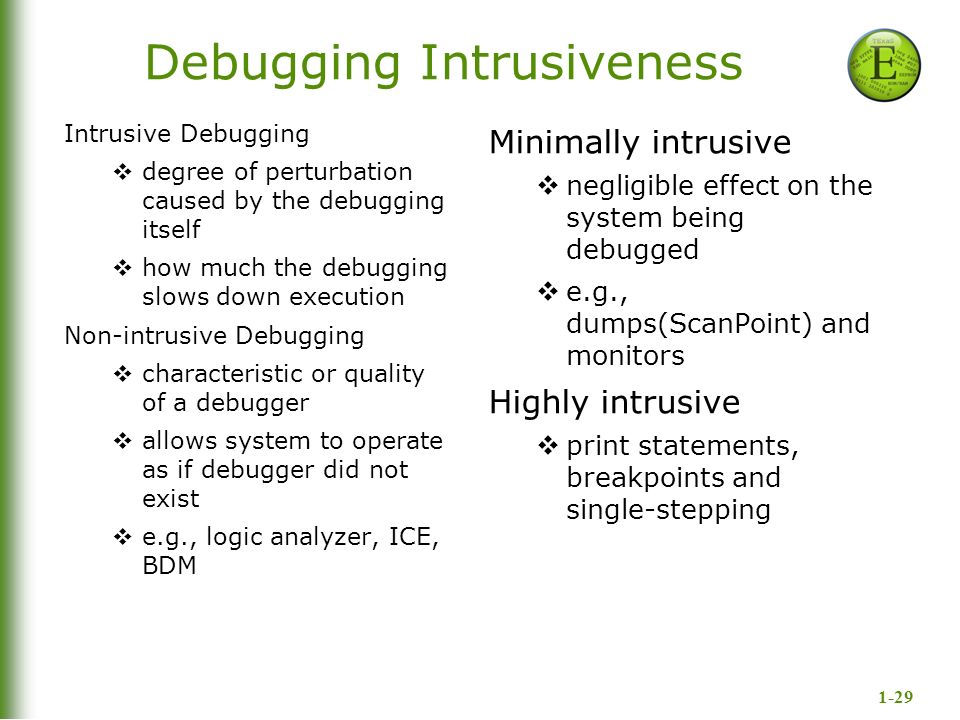 1-29 Debugging Intrusiveness Intrusive Debugging  degree of perturbation caused by the debugging itself  how much the debugging slows down execution Non-intrusive Debugging  characteristic or quality of a debugger  allows system to operate as if debugger did not exist  e.g., logic analyzer, ICE, BDM Minimally intrusive  negligible effect on the system being debugged  e.g., dumps(ScanPoint) and monitors Highly intrusive  print statements, breakpoints and single-stepping