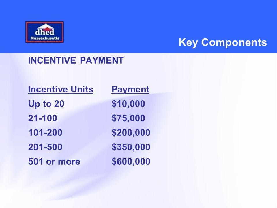 Key Components INCENTIVE PAYMENT Incentive UnitsPayment Up to 20$10, $75, $200, $350, or more$600,000