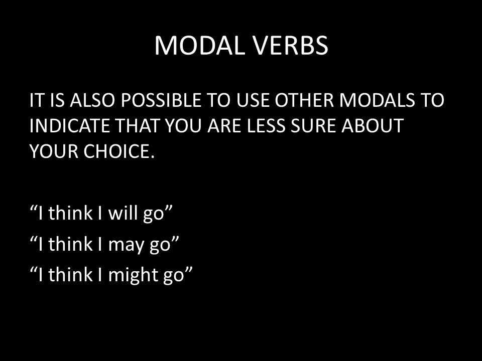 MODAL VERBS IT IS ALSO POSSIBLE TO USE OTHER MODALS TO INDICATE THAT YOU ARE LESS SURE ABOUT YOUR CHOICE.