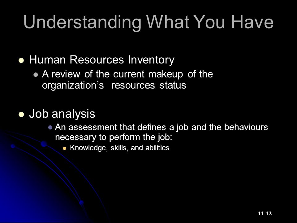 11-12 Understanding What You Have Human Resources Inventory A review of the current makeup of the organization’s resources status Job analysis An assessment that defines a job and the behaviours necessary to perform the job: Knowledge, skills, and abilities