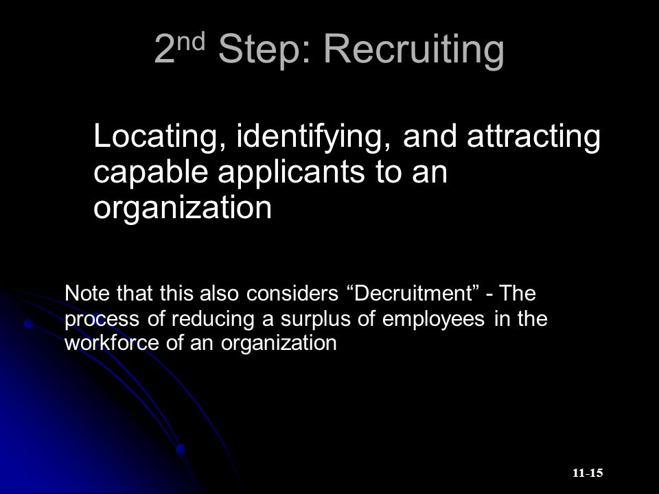 nd Step: Recruiting Locating, identifying, and attracting capable applicants to an organization Note that this also considers Decruitment - The process of reducing a surplus of employees in the workforce of an organization