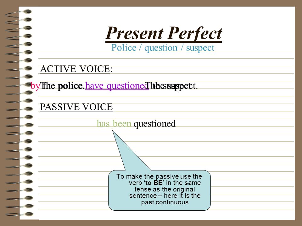 Future Perfect To make the passive use the verb ‘to BE’ in the same tense as the original sentence – here it is the past continuous ACTIVE VOICE: PASSIVE VOICE The police will have questioned the suspect.