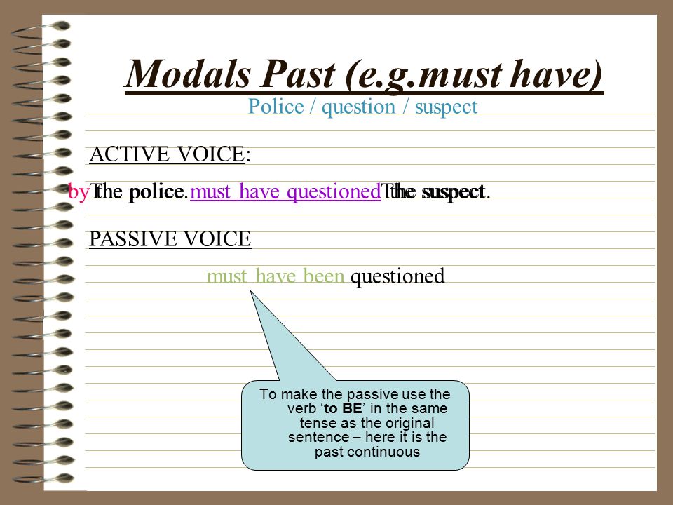Modals Present (e.g.must, can) To make the passive use the verb ‘to BE’ in the same tense as the original sentence – here it is the past continuous ACTIVE VOICE: PASSIVE VOICE The police must question the suspect.