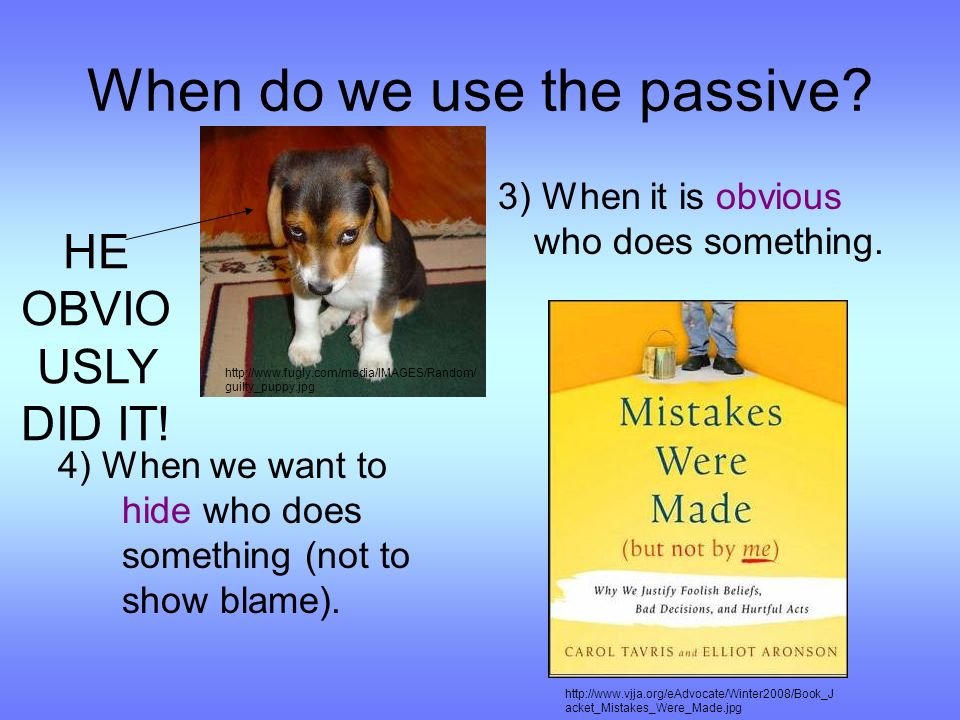 When do we use the passive. 4) When we want to hide who does something (not to show blame).