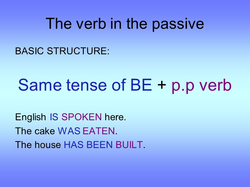 The verb in the passive BASIC STRUCTURE: Same tense of BE + p.p verb English IS SPOKEN here.
