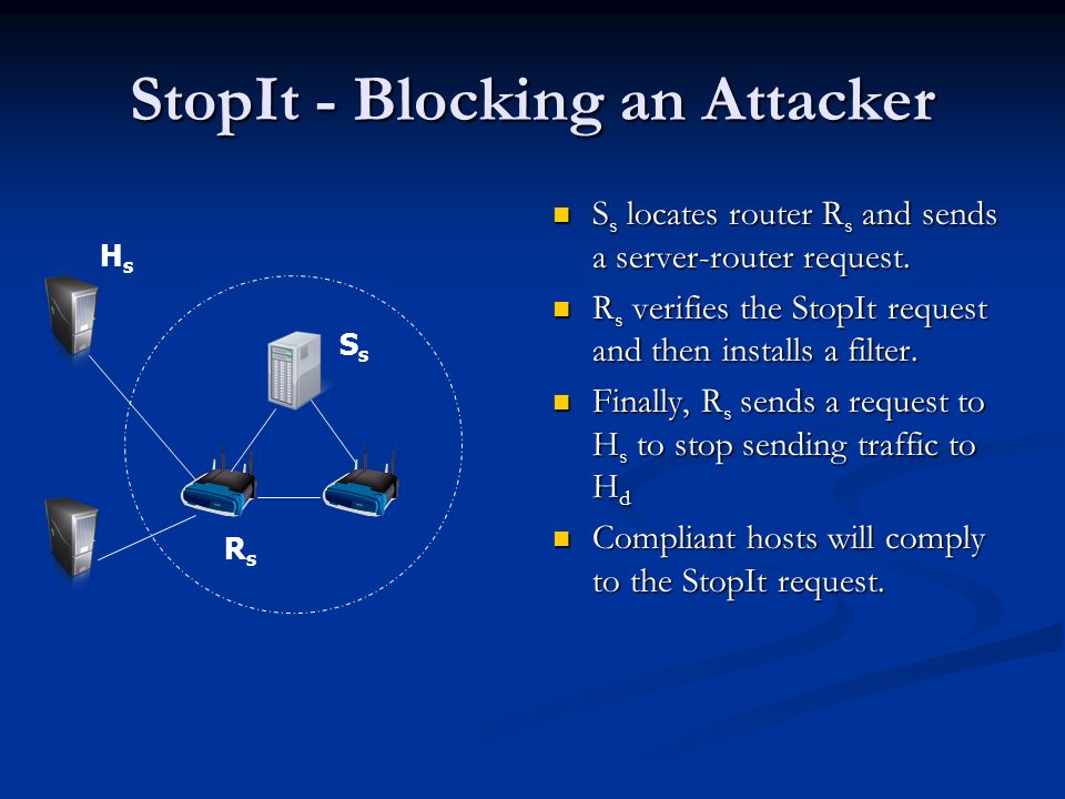 StopIt - Blocking an Attacker S s locates router R s and sends a server-router request.
