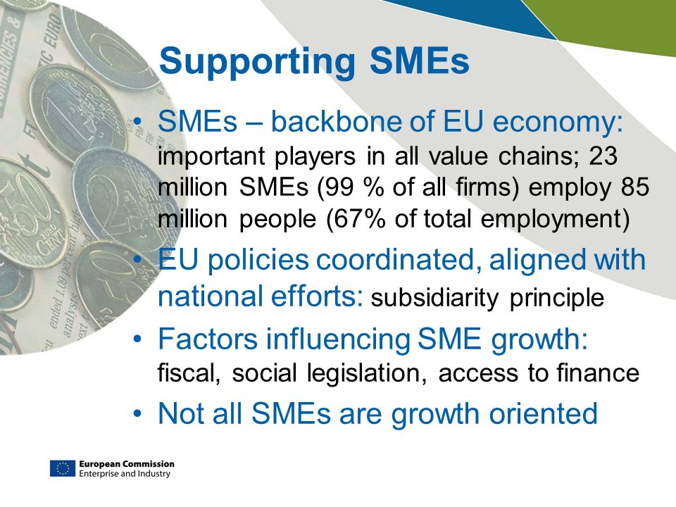 Supporting SMEs SMEs – backbone of EU economy: important players in all value chains; 23 million SMEs (99 % of all firms) employ 85 million people (67% of total employment) EU policies coordinated, aligned with national efforts: subsidiarity principle Factors influencing SME growth: fiscal, social legislation, access to finance Not all SMEs are growth oriented