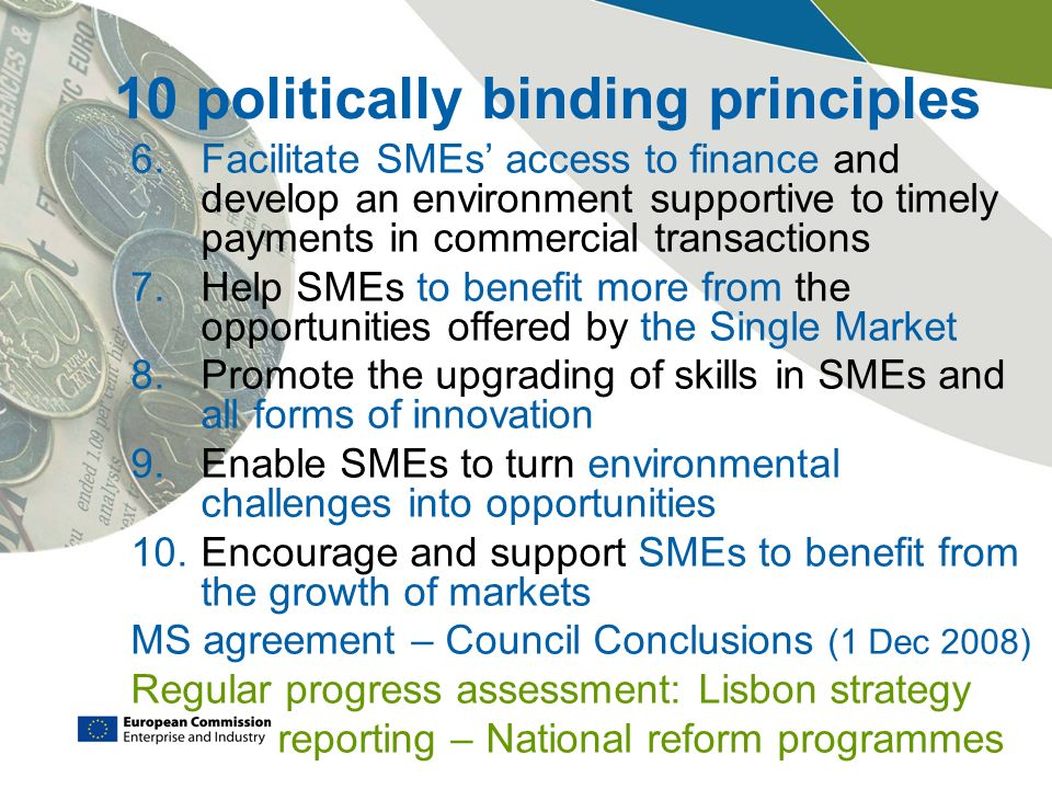 6.Facilitate SMEs’ access to finance and develop an environment supportive to timely payments in commercial transactions 7.Help SMEs to benefit more from the opportunities offered by the Single Market 8.Promote the upgrading of skills in SMEs and all forms of innovation 9.Enable SMEs to turn environmental challenges into opportunities 10.Encourage and support SMEs to benefit from the growth of markets MS agreement – Council Conclusions (1 Dec 2008) Regular progress assessment: Lisbon strategy reporting – National reform programmes 10 politically binding principles