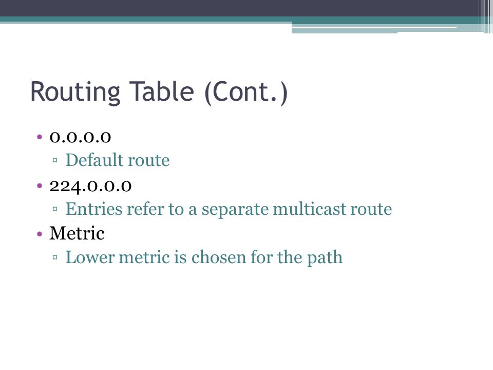 Routing Table (Cont.) ▫Default route ▫Entries refer to a separate multicast route Metric ▫Lower metric is chosen for the path