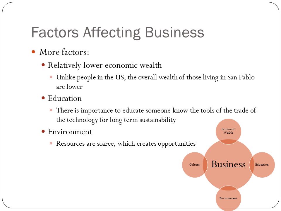 Factors Affecting Business More factors: Relatively lower economic wealth Unlike people in the US, the overall wealth of those living in San Pablo are lower Education There is importance to educate someone know the tools of the trade of the technology for long term sustainability Environment Resources are scarce, which creates opportunities Business Economic Wealth Education Environment Culture