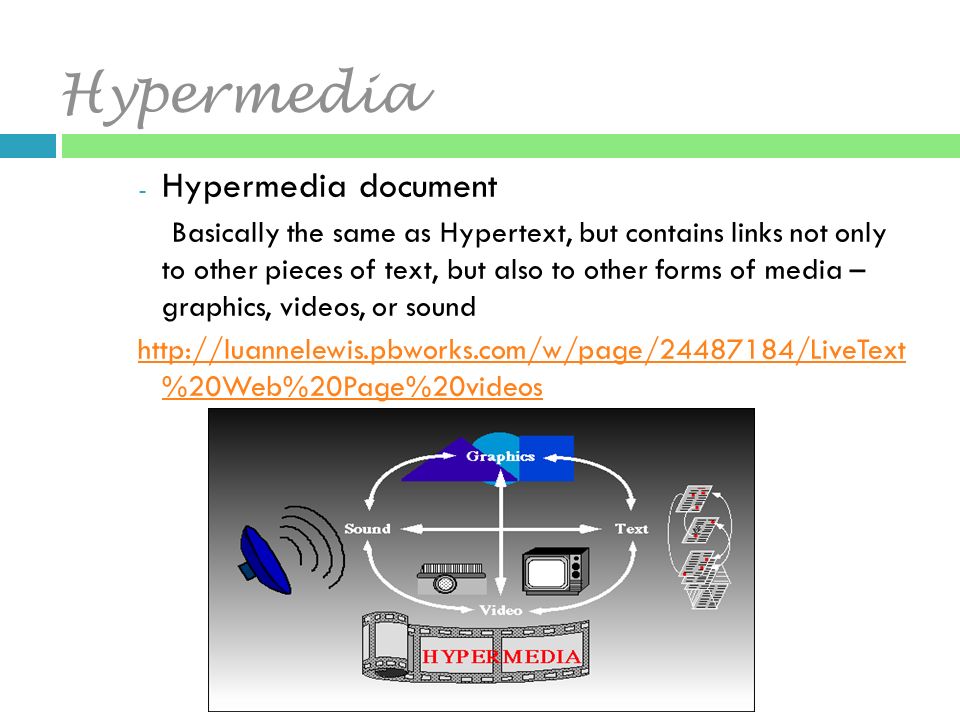 Hypermedia - Hypermedia document Basically the same as Hypertext, but contains links not only to other pieces of text, but also to other forms of media – graphics, videos, or sound   %20Web%20Page%20videos