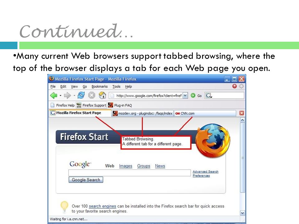 Many current Web browsers support tabbed browsing, where the top of the browser displays a tab for each Web page you open.