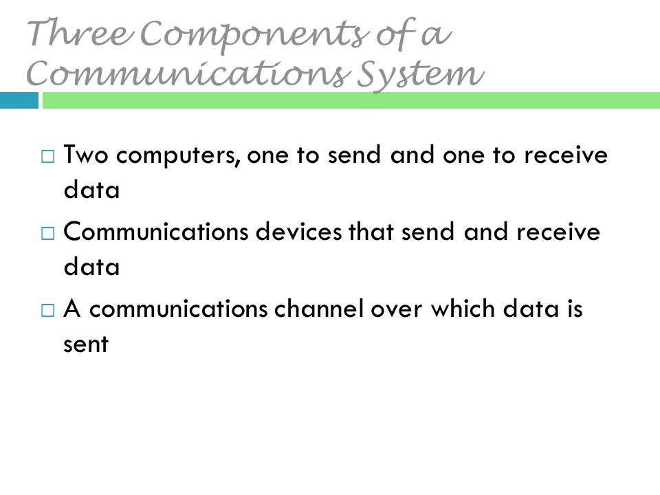 Three Components of a Communications System  Two computers, one to send and one to receive data  Communications devices that send and receive data  A communications channel over which data is sent