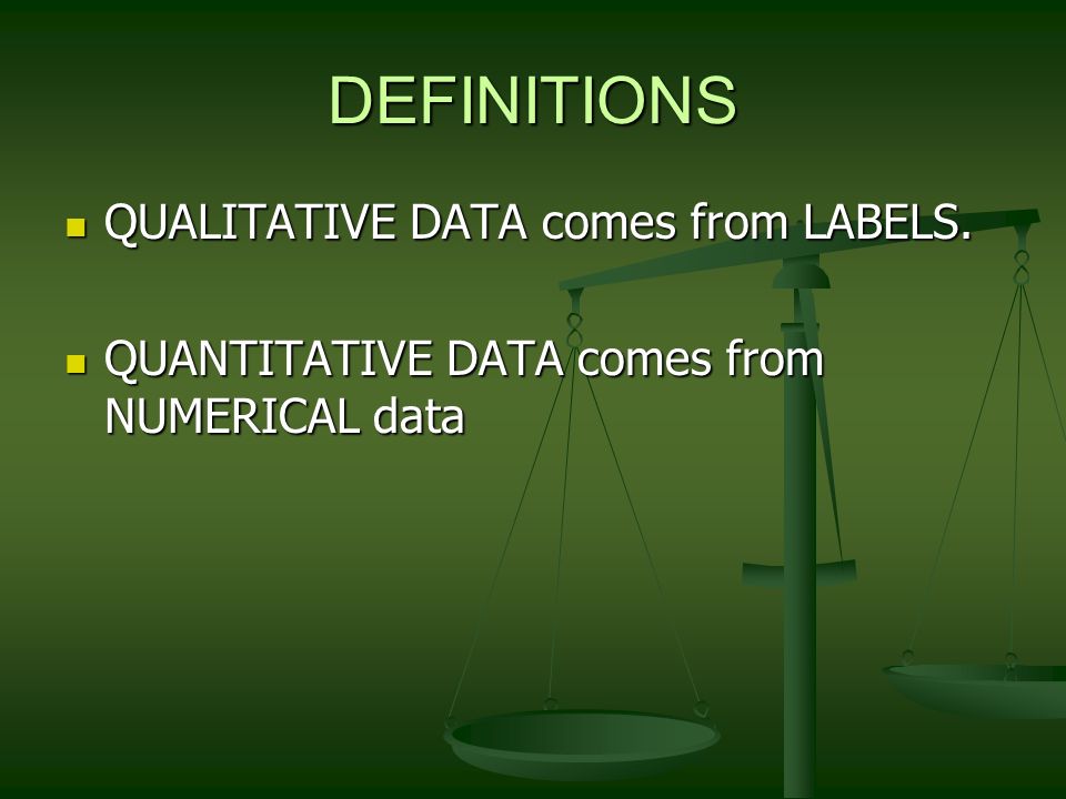 DEFINITIONS QUALITATIVE DATA comes from LABELS. QUALITATIVE DATA comes from LABELS.
