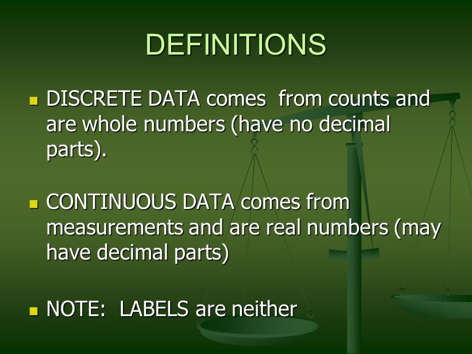 DEFINITIONS DISCRETE DATA comes from counts and are whole numbers (have no decimal parts).