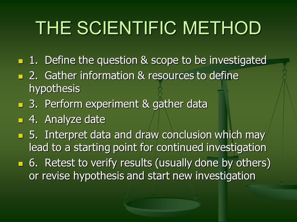 THE SCIENTIFIC METHOD 1. Define the question & scope to be investigated 1.