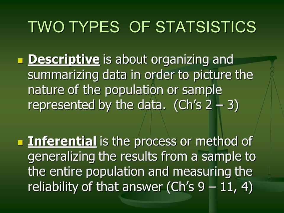 TWO TYPES OF STATSISTICS Descriptive is about organizing and summarizing data in order to picture the nature of the population or sample represented by the data.