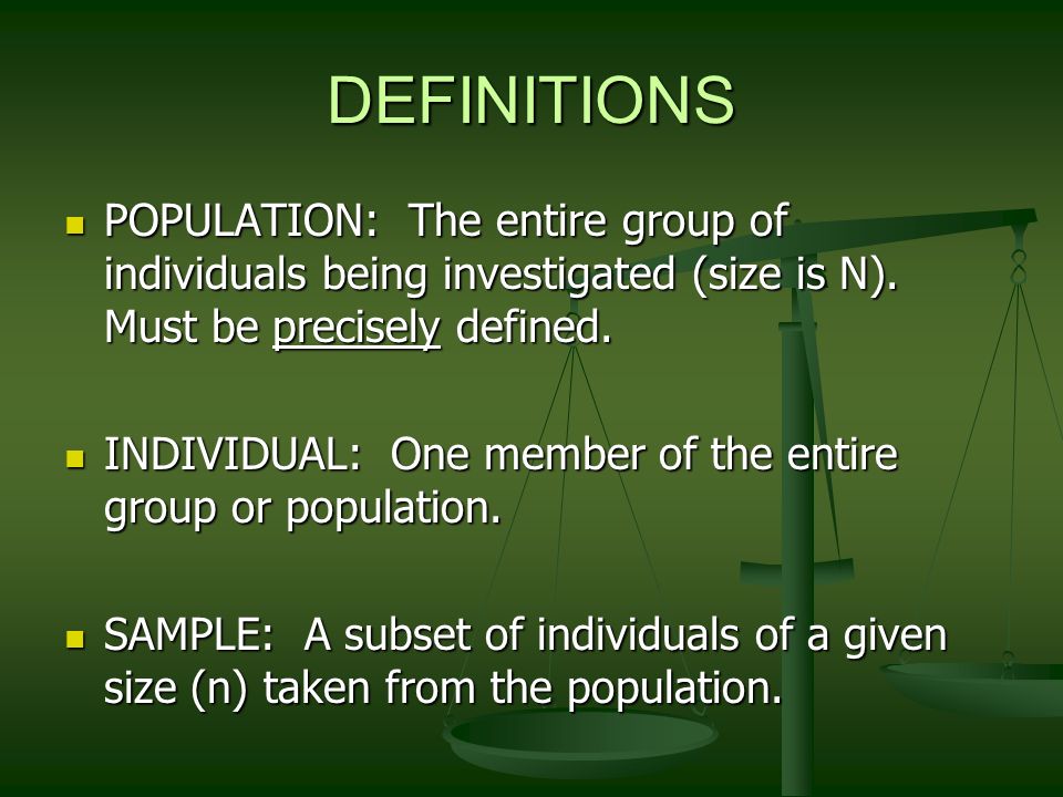 DEFINITIONS POPULATION: The entire group of individuals being investigated (size is N).