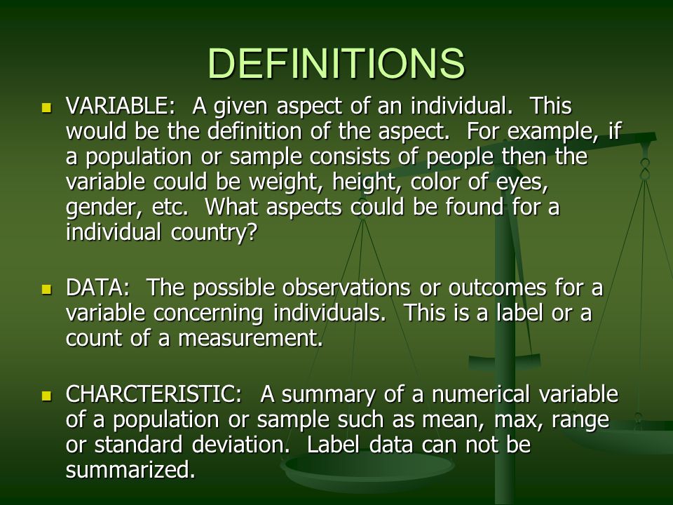 DEFINITIONS VARIABLE: A given aspect of an individual.