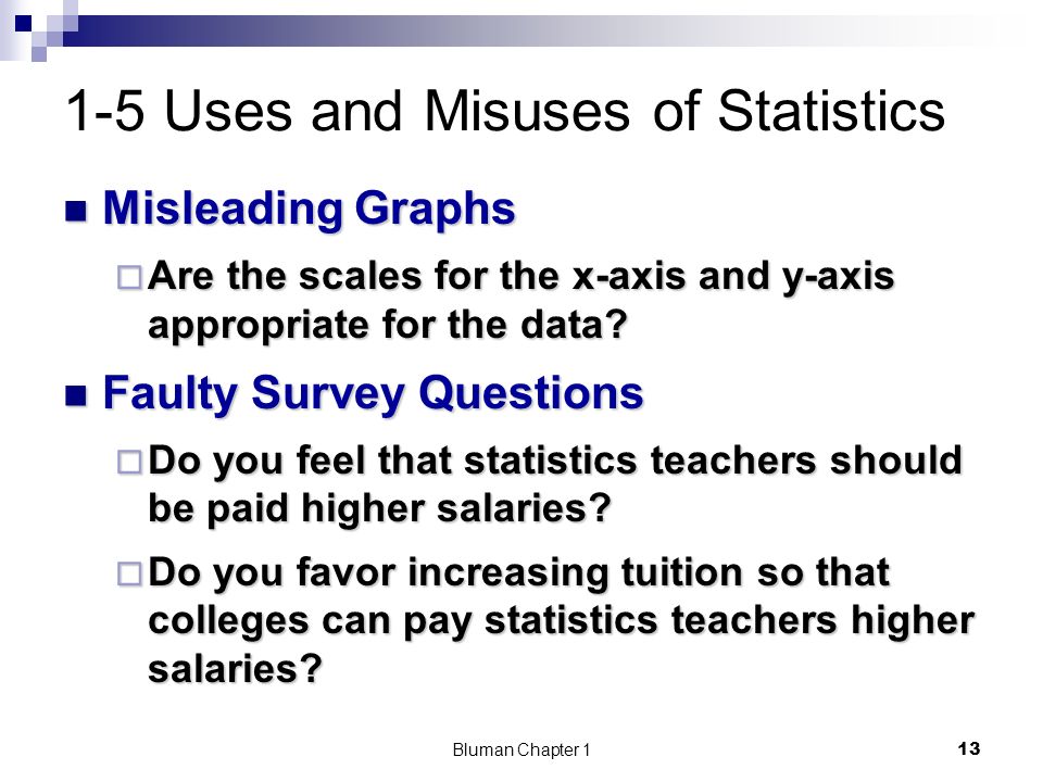 1-5 Uses and Misuses of Statistics Misleading Graphs Misleading Graphs  Are the scales for the x-axis and y-axis appropriate for the data.