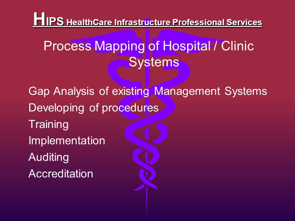 H IPS HealthCare Infrastructure Professional Services Process Mapping of Hospital / Clinic Systems Gap Analysis of existing Management Systems Developing of procedures Training Implementation Auditing Accreditation