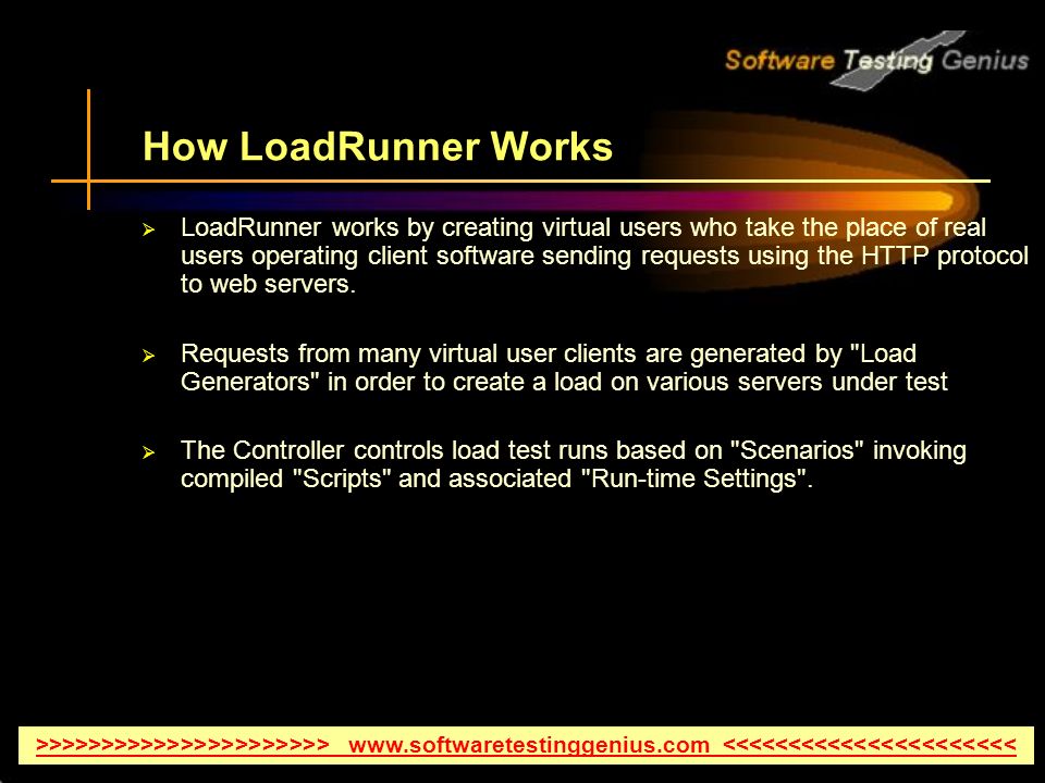 How LoadRunner Works  LoadRunner works by creating virtual users who take the place of real users operating client software sending requests using the HTTP protocol to web servers.