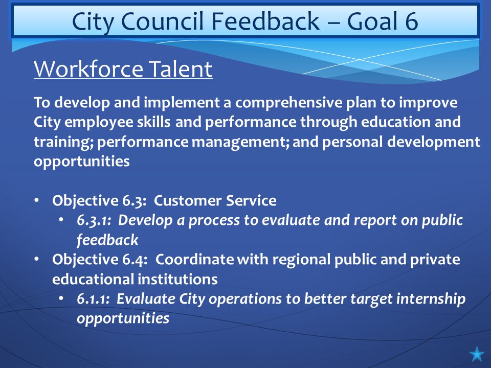 City Council Feedback – Goal 6 To develop and implement a comprehensive plan to improve City employee skills and performance through education and training; performance management; and personal development opportunities Objective 6.3: Customer Service 6.3.1: Develop a process to evaluate and report on public feedback Objective 6.4: Coordinate with regional public and private educational institutions 6.1.1: Evaluate City operations to better target internship opportunities Workforce Talent