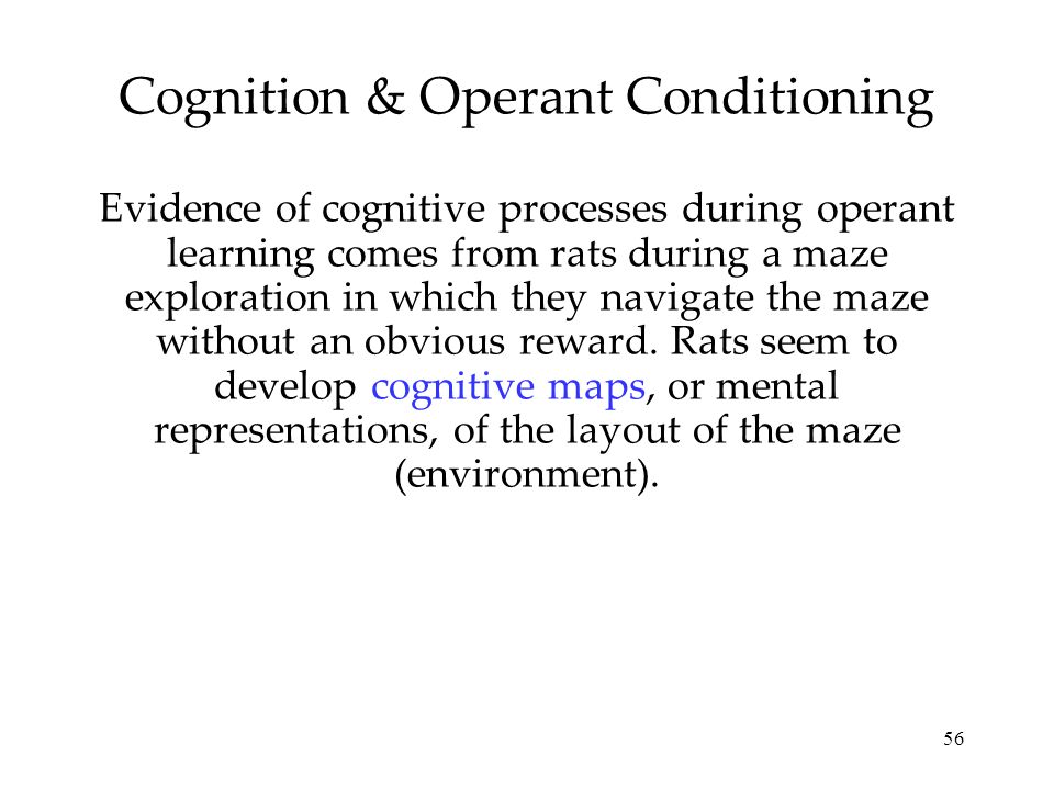 56 Cognition & Operant Conditioning Evidence of cognitive processes during operant learning comes from rats during a maze exploration in which they navigate the maze without an obvious reward.