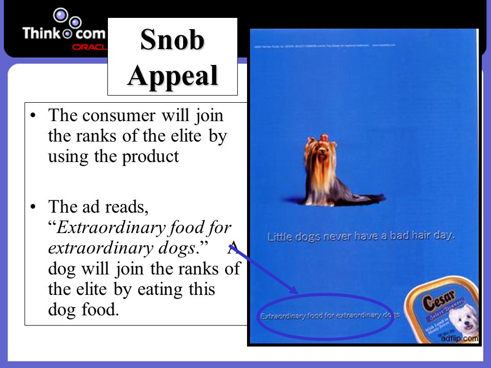 The consumer will join the ranks of the elite by using the product The ad reads, Extraordinary food for extraordinary dogs. A dog will join the ranks of the elite by eating this dog food.
