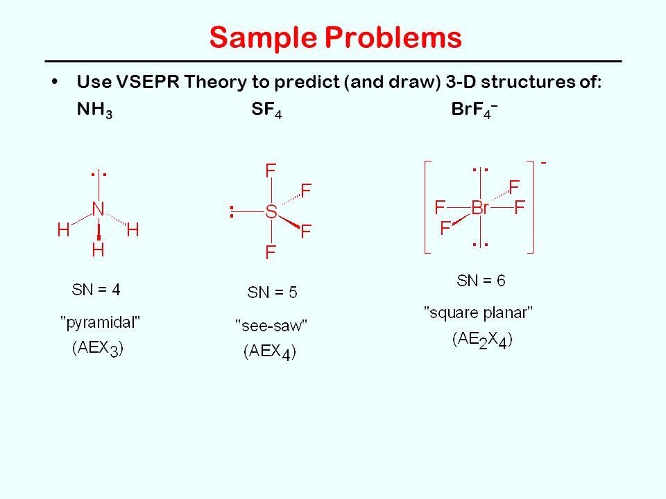 Sample Problems Use VSEPR Theory to predict (and draw) 3-D structures of: NH 3 SF 4 BrF 4 –