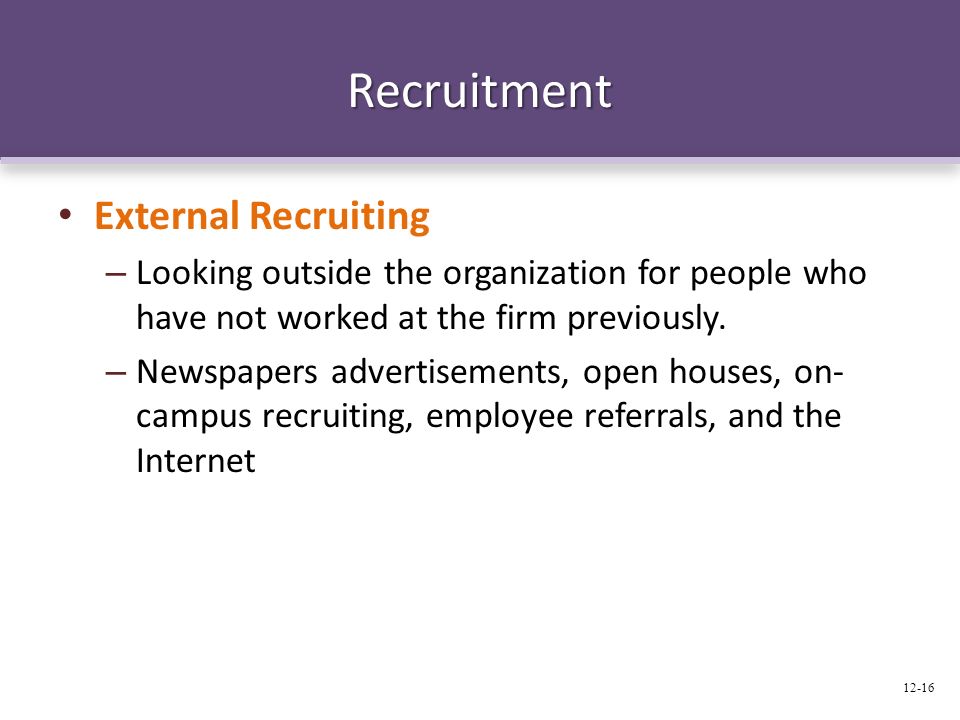 Recruitment External Recruiting – Looking outside the organization for people who have not worked at the firm previously.