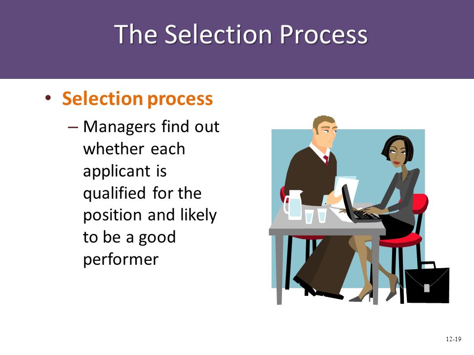 The Selection Process Selection process – Managers find out whether each applicant is qualified for the position and likely to be a good performer 12-19