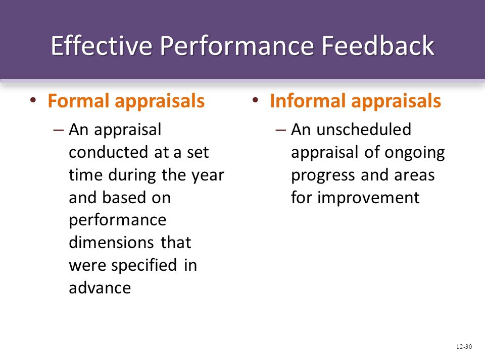 Effective Performance Feedback Formal appraisals – An appraisal conducted at a set time during the year and based on performance dimensions that were specified in advance Informal appraisals – An unscheduled appraisal of ongoing progress and areas for improvement 12-30