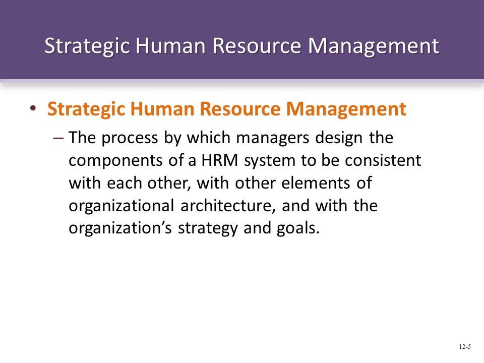 Strategic Human Resource Management – The process by which managers design the components of a HRM system to be consistent with each other, with other elements of organizational architecture, and with the organization’s strategy and goals.