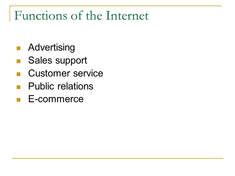 Functions of the Internet Advertising Sales support Customer service Public relations E-commerce