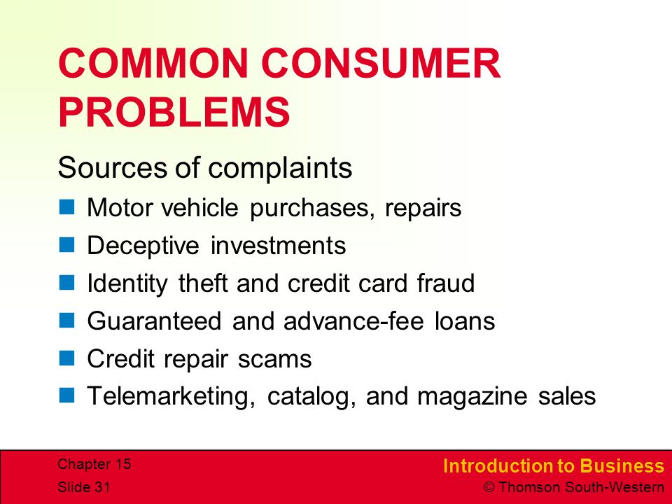 Introduction to Business © Thomson South-Western Chapter 15 Slide 31 COMMON CONSUMER PROBLEMS Sources of complaints Motor vehicle purchases, repairs Deceptive investments Identity theft and credit card fraud Guaranteed and advance-fee loans Credit repair scams Telemarketing, catalog, and magazine sales