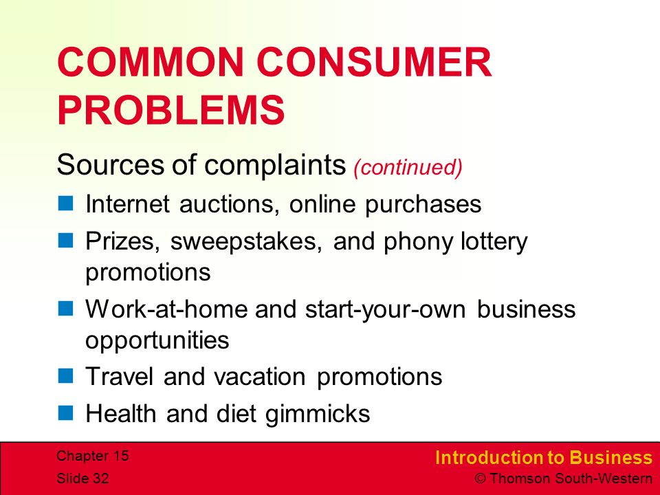 Introduction to Business © Thomson South-Western Chapter 15 Slide 32 COMMON CONSUMER PROBLEMS Sources of complaints (continued) Internet auctions, online purchases Prizes, sweepstakes, and phony lottery promotions Work-at-home and start-your-own business opportunities Travel and vacation promotions Health and diet gimmicks